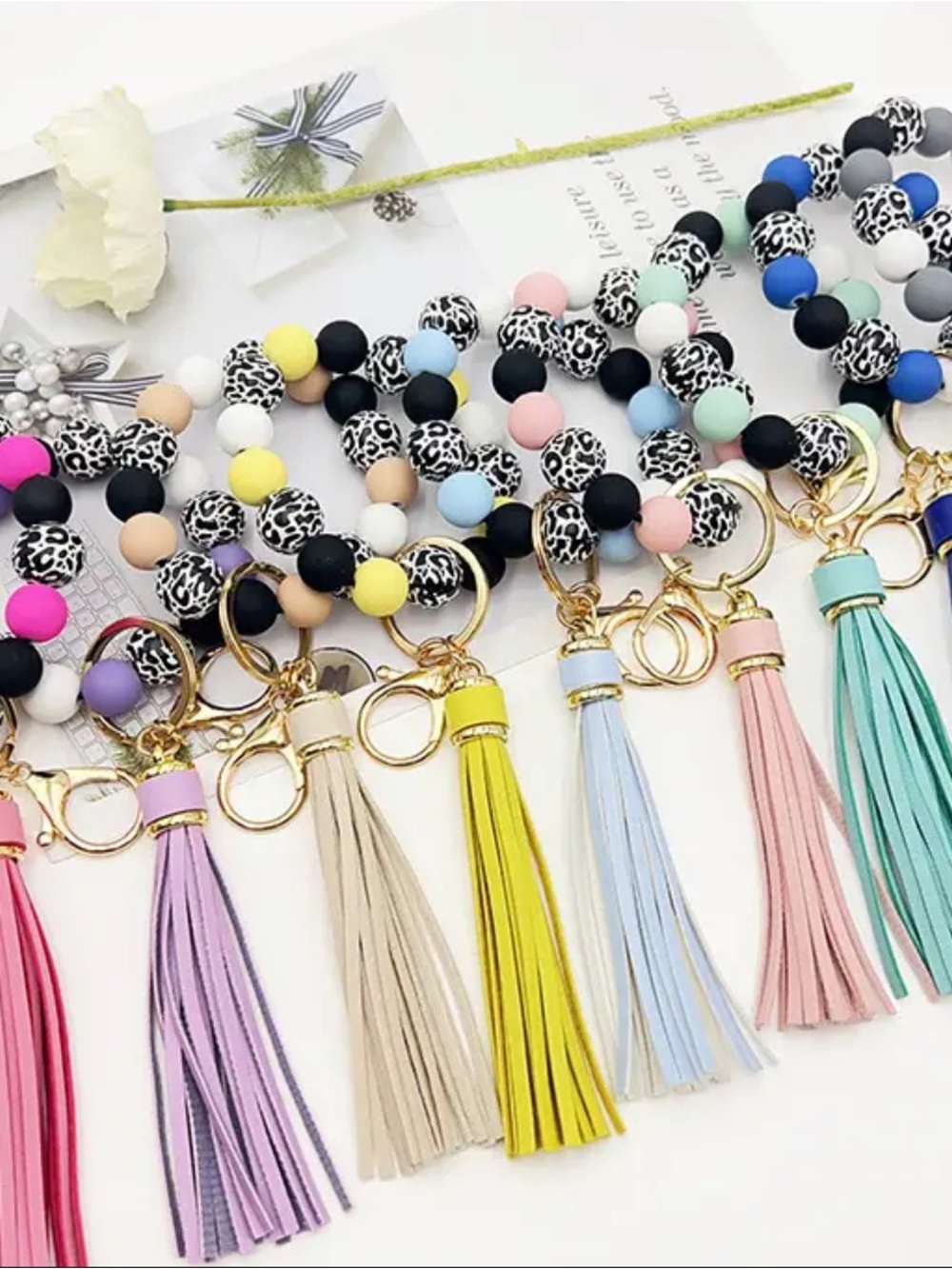 Beaded Tassel Keychain Wristlet - Pastel & Leopard Pattern B22